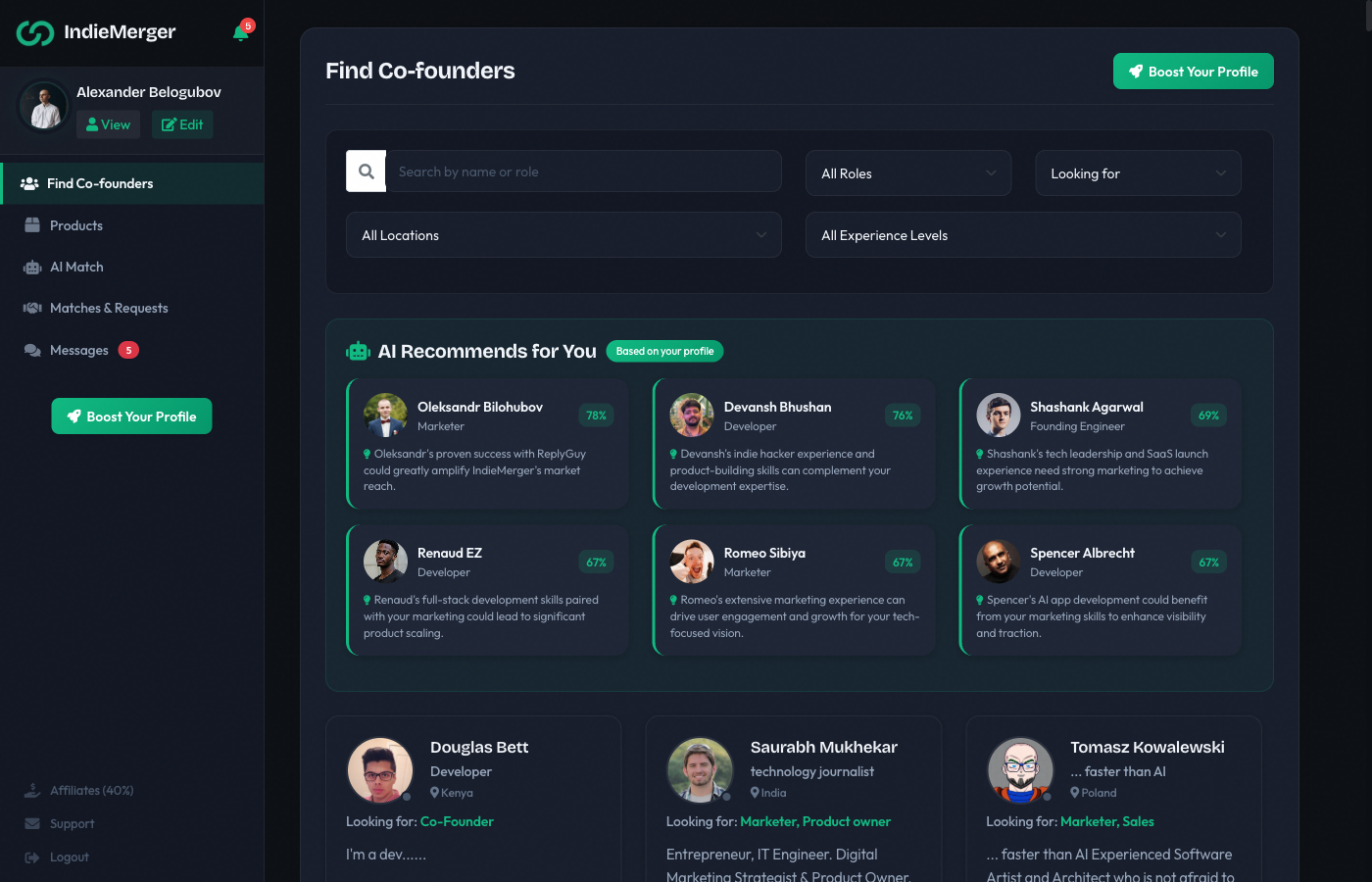 IndieMerger — AI Builder Matching Dashboard